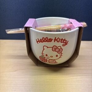Sanrio HELLO KITTY 16 oz CERAMIC BOWL W/ CHOPSTICKS - New